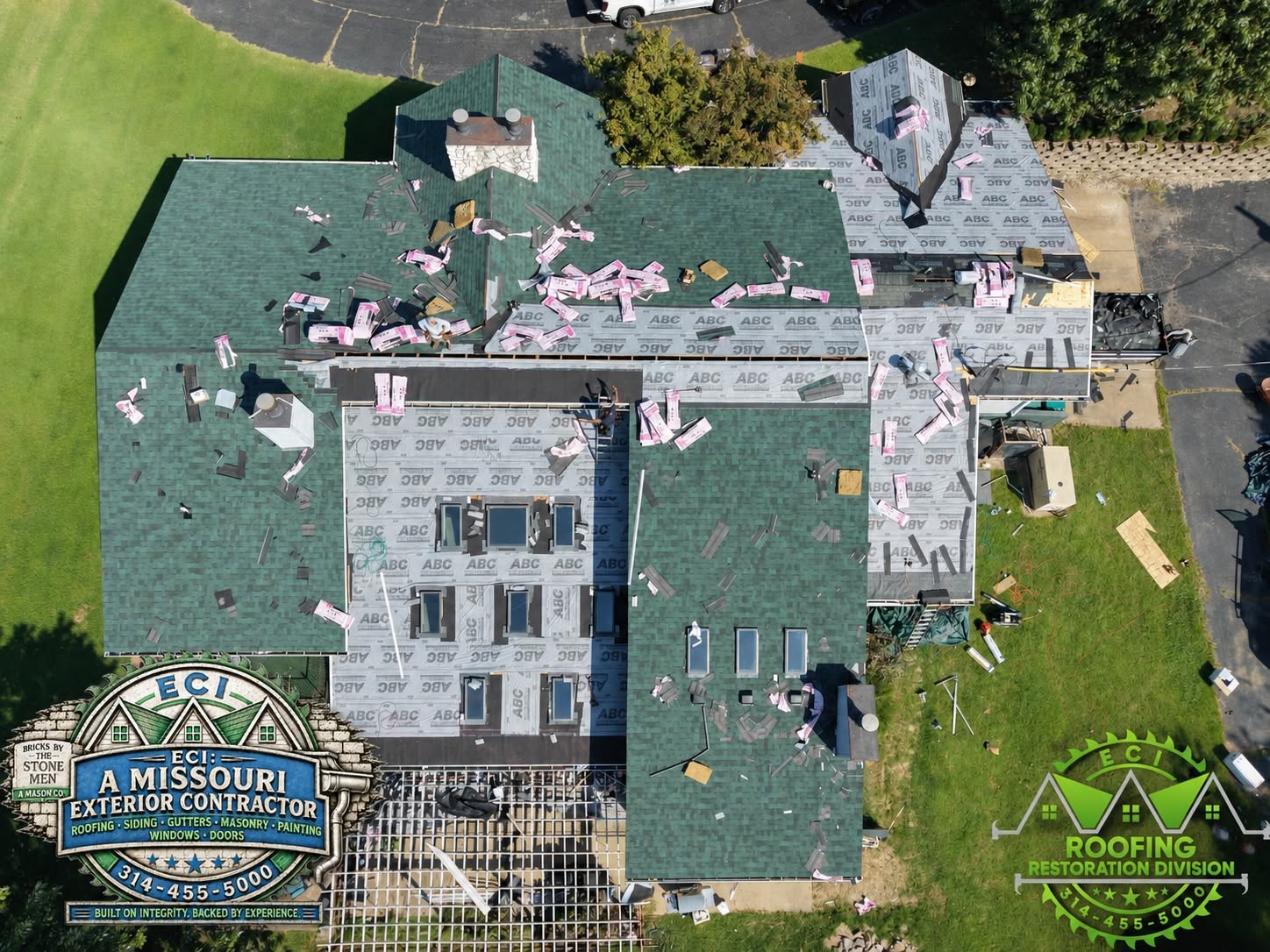 Top-down view of a roof restoration