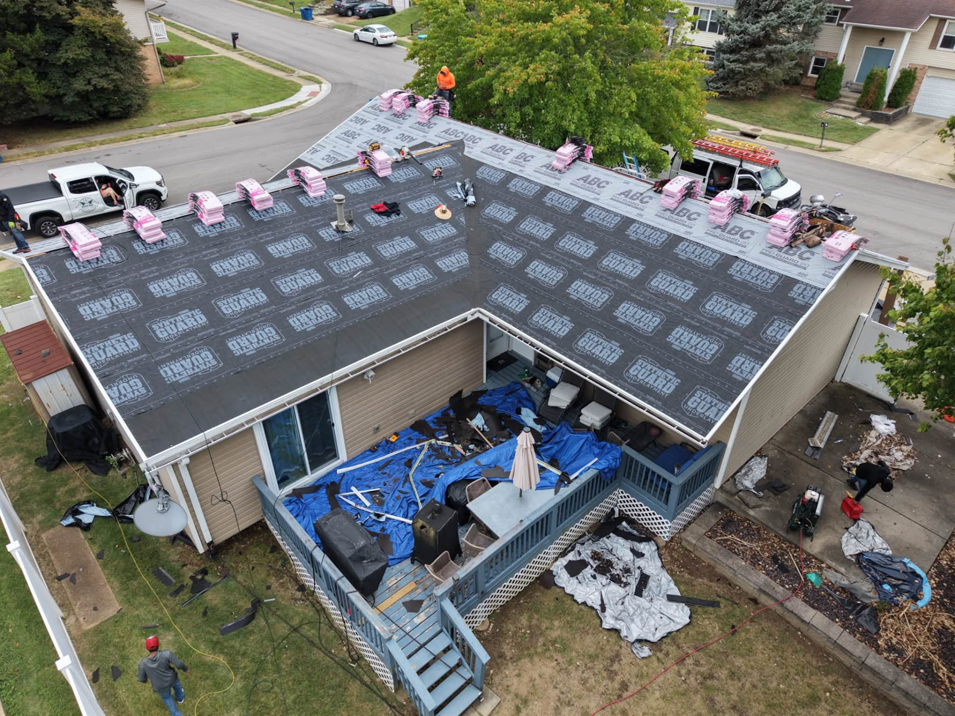 Aerial of an ECI jobsite with crew and truck